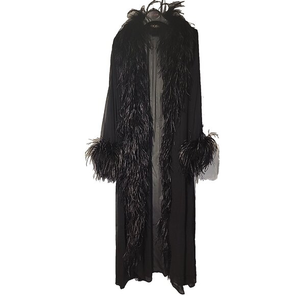 rare Vintage ESCADA sheer silk duster cover up long kimono robe Ostrich Feathers - Picture 1 of 10